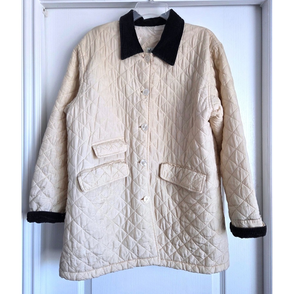 Bogari Quilted Silk Barn Jacket Cream Brown Corduroy Collar Cuffs Size S